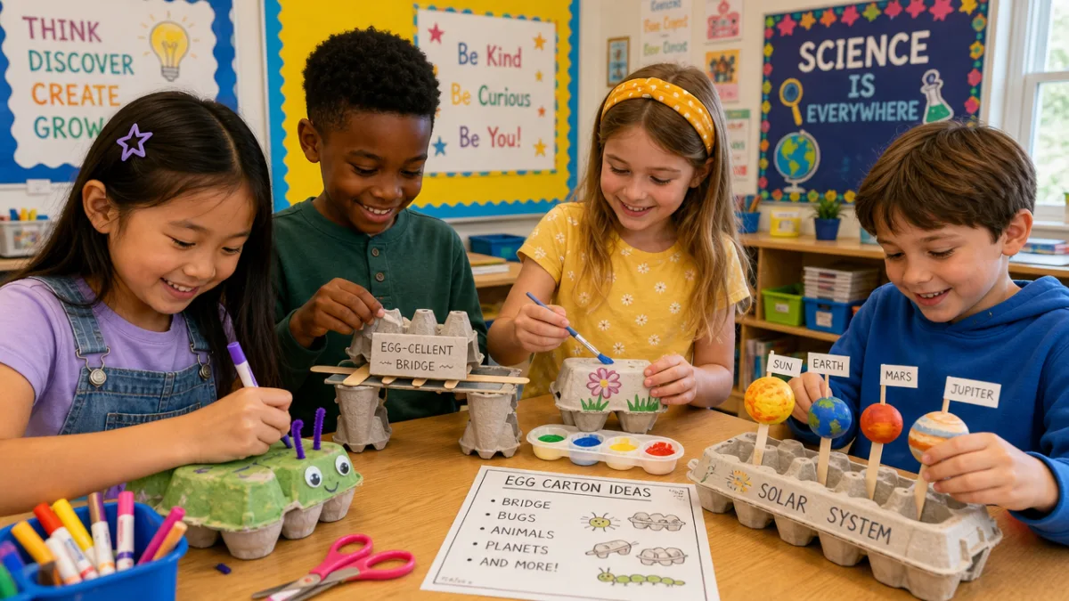 elementary school children gathered around a table working on egg carton science…