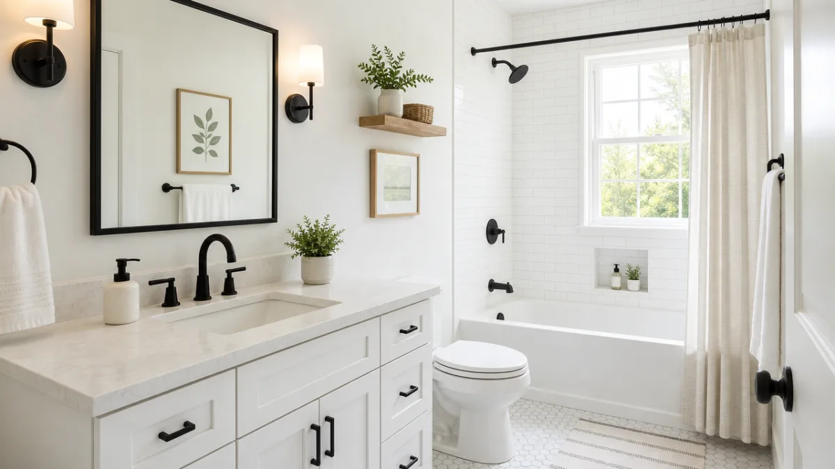 a clean bright bathroom with fresh white grout, a framed mirror, and…