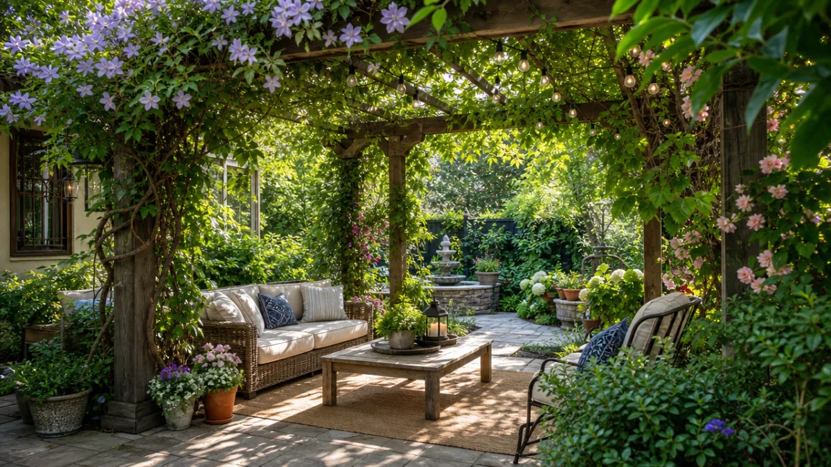 a lush green backyard pergola covered in climbing vines and flowering plants,…