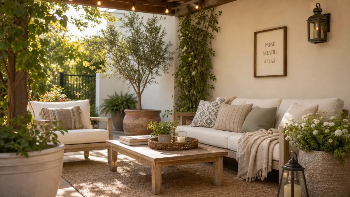 a cozy shaded patio corner with light-colored furniture, potted plants, and soft…