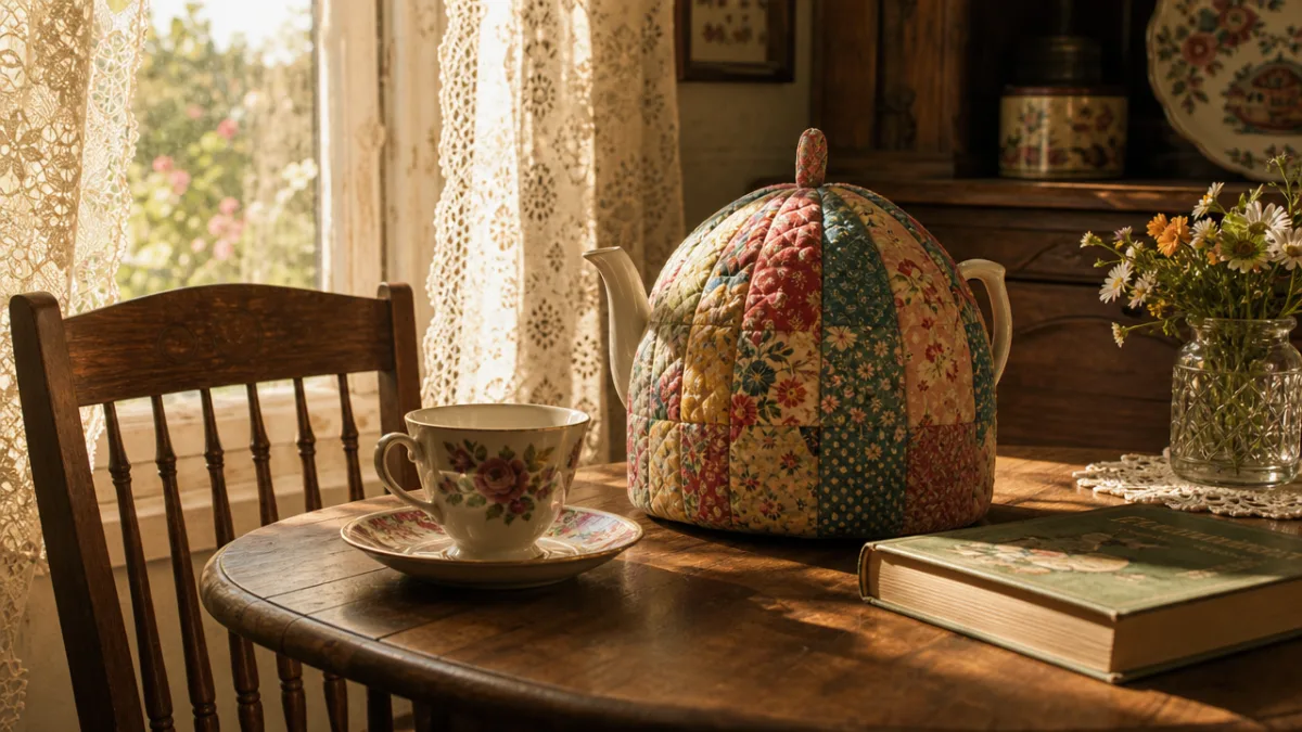 a vintage wooden tea table with a colorful quilted teapot cozy on…