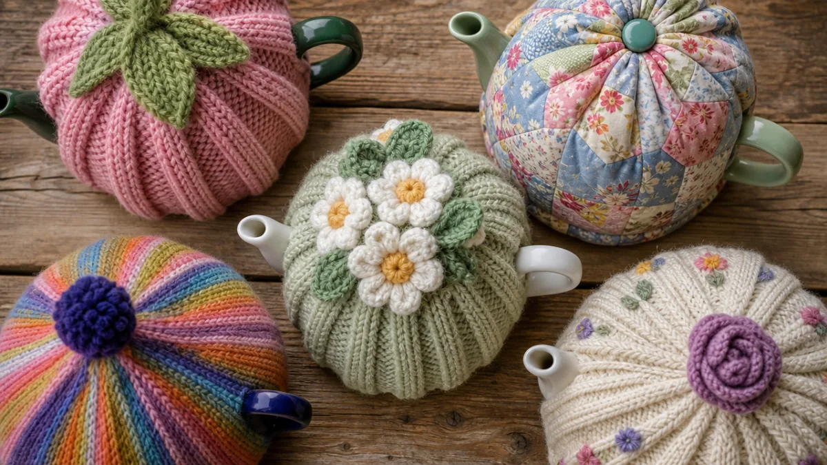 a close-up flat lay of colorful knitted and quilted teapot cozies arranged…