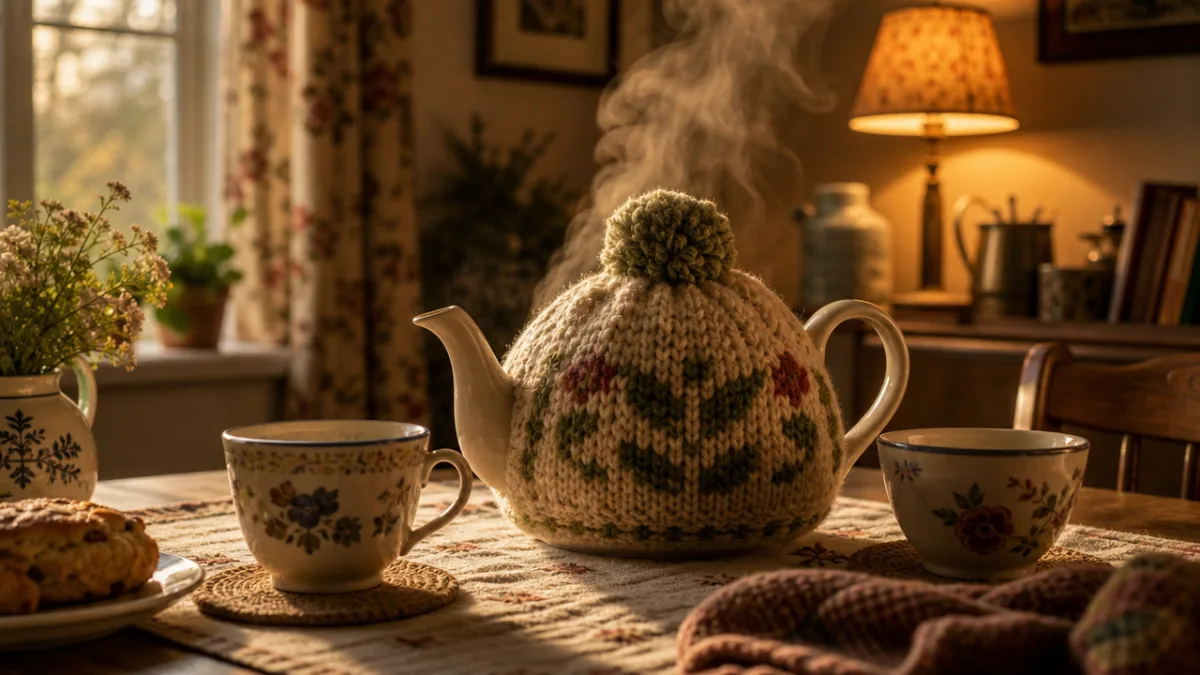 a steaming ceramic teapot wearing a hand-knitted cozy on a cozy kitchen…
