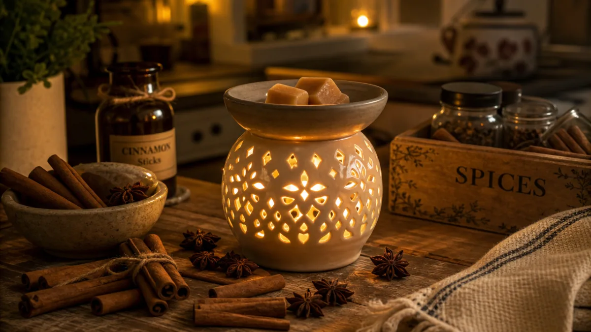 a warm glowing wax warmer surrounded by cinnamon sticks and star anise…