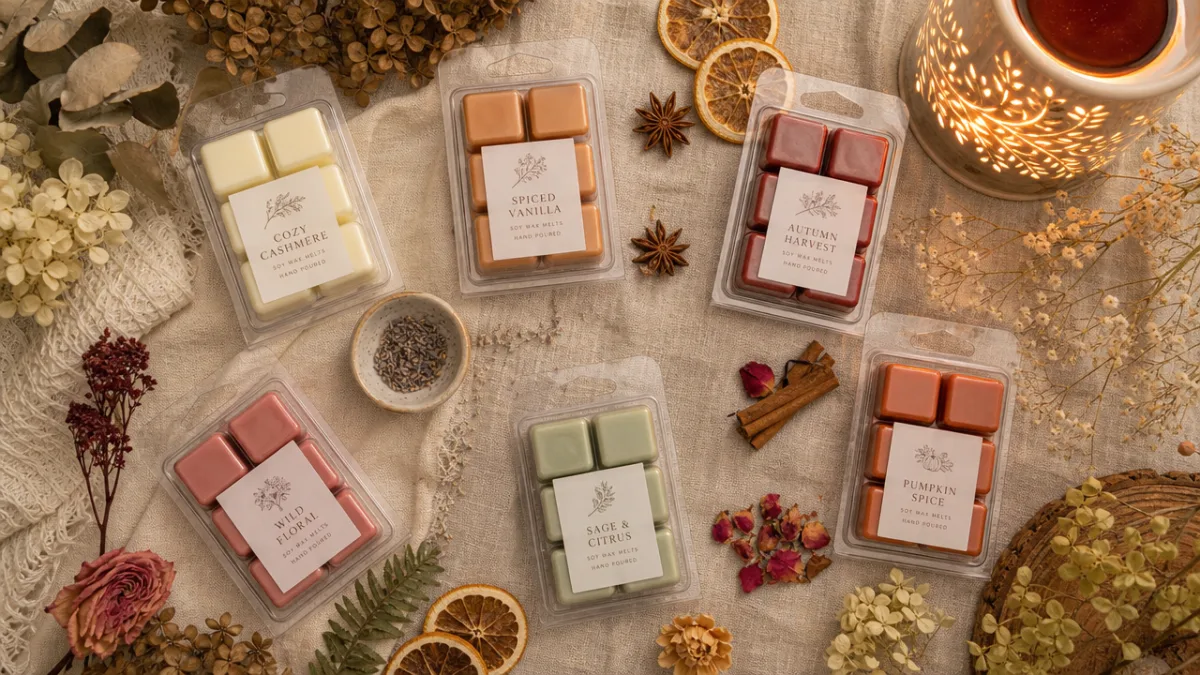 an overhead flat lay of various wax melt clamshells in warm tones…