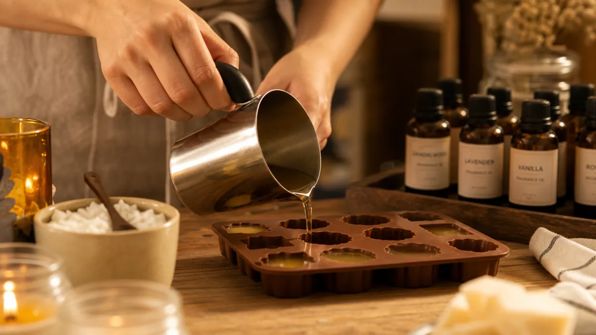 hands carefully pouring melted wax into small silicone molds on a wooden…