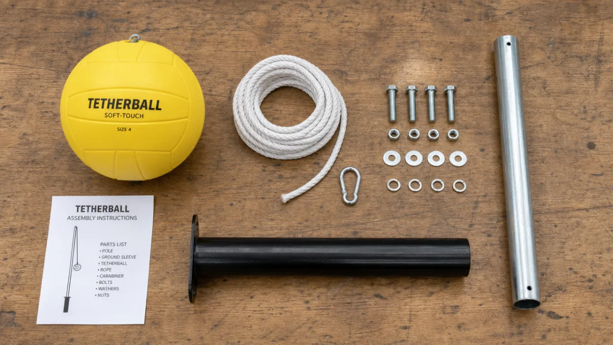 a flat lay of tetherball construction materials on a wooden workbench, bright…