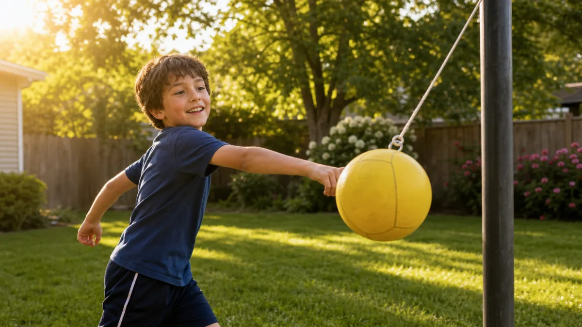 a child playing tetherball in a sunny backyard, warm golden afternoon light,…