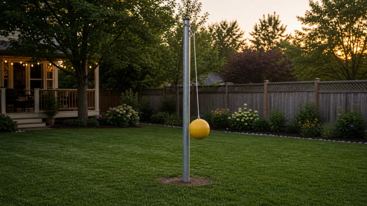 a finished DIY tetherball pole installed in a backyard, soft evening light,…