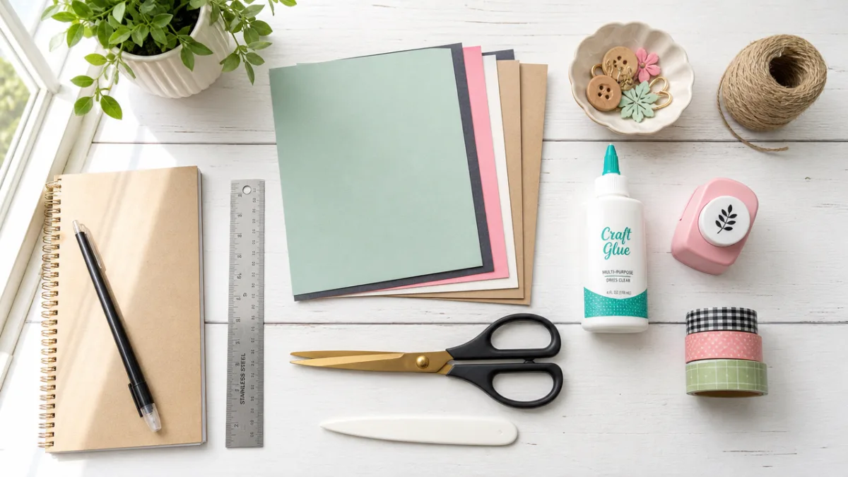 a neatly arranged flat lay of craft tools including scissors, ruler, cardstock,…