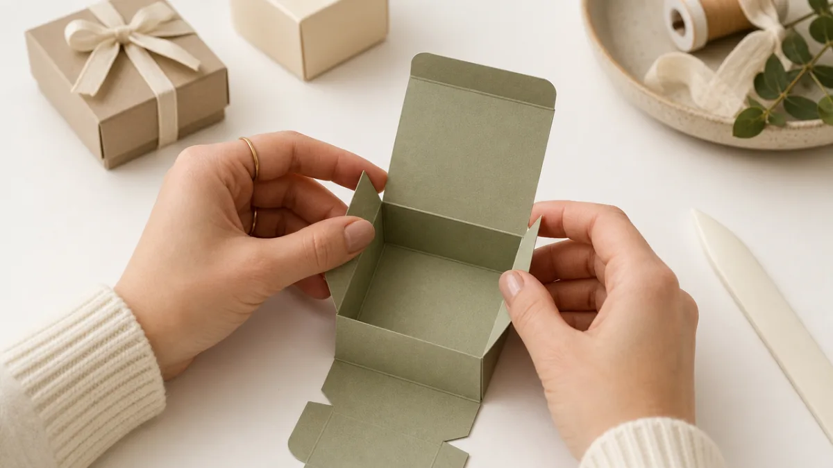 hands folding a neatly scored piece of cardstock into a small gift…