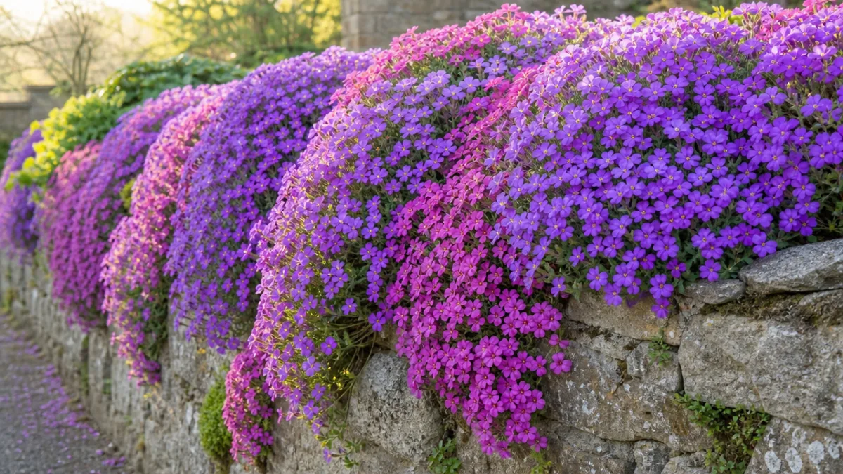 a dense carpet of purple and pink aubrieta flowers cascading over an…