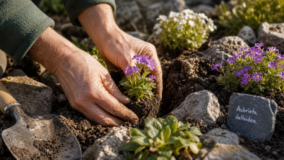 close-up of gardener's hands planting small aubrieta seedlings into a rocky alpine…