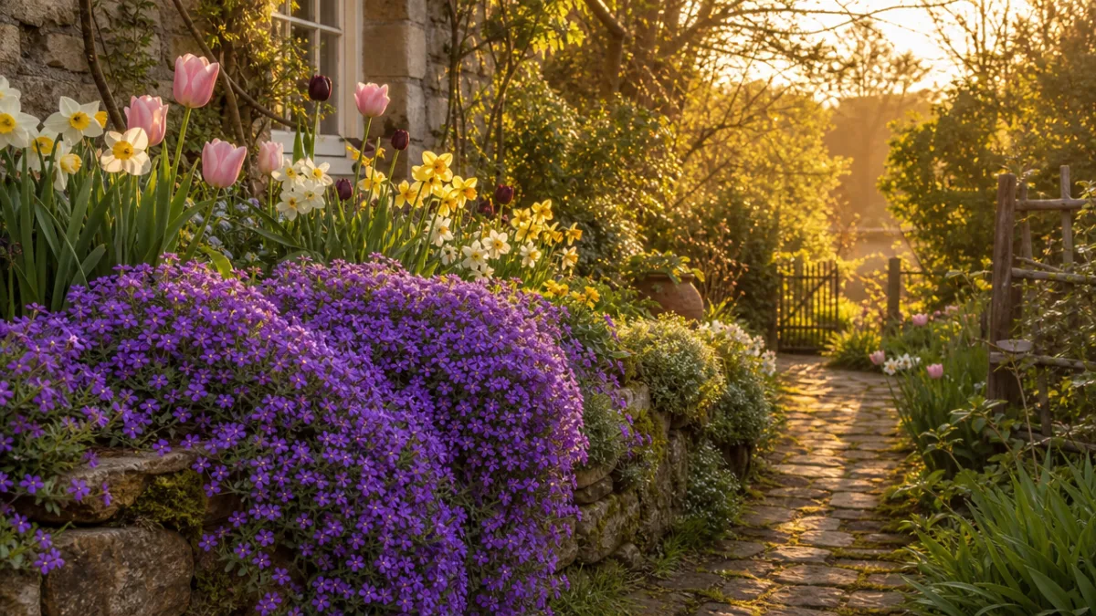 a lush cottage garden with aubrieta cascading beside tulips and narcissus, golden…
