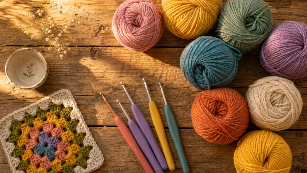 a flat lay of colorful yarn balls and crochet hooks on a…