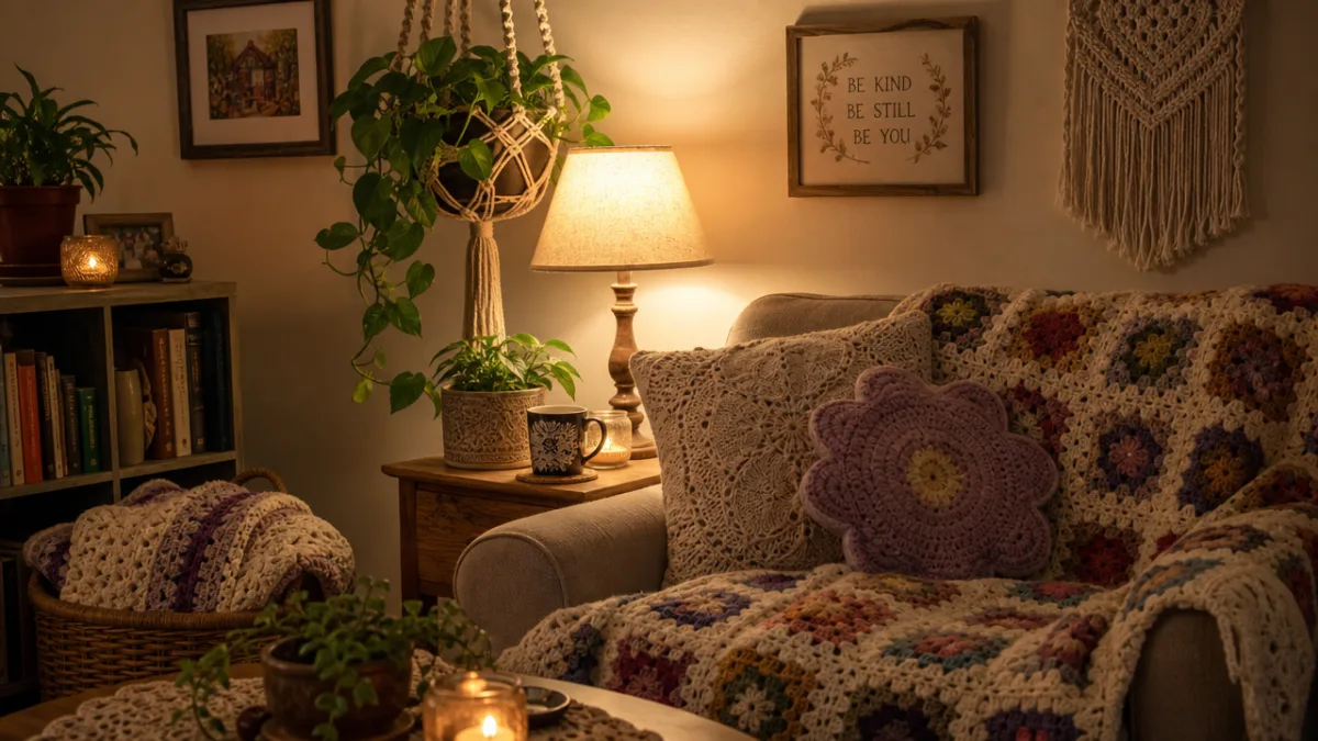 a cozy living room corner with crocheted blankets, pillows, and a plant…