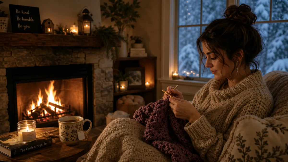 a person crocheting by a fireplace with a mug of tea nearby,…
