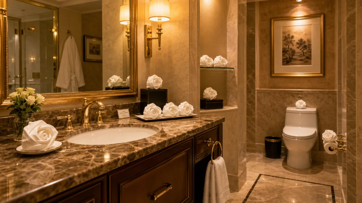 a luxurious hotel bathroom with multiple decorative toilet paper origami roses displayed…