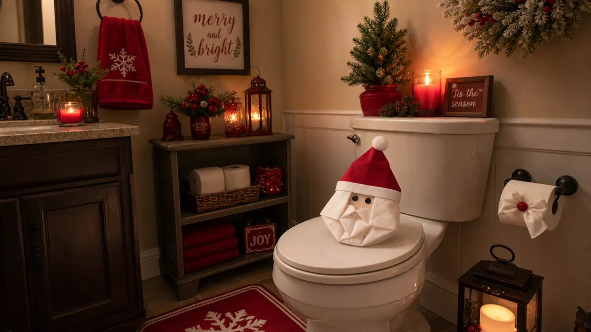 a festively decorated bathroom with holiday-themed toilet paper origami shapes, cozy candlelight…