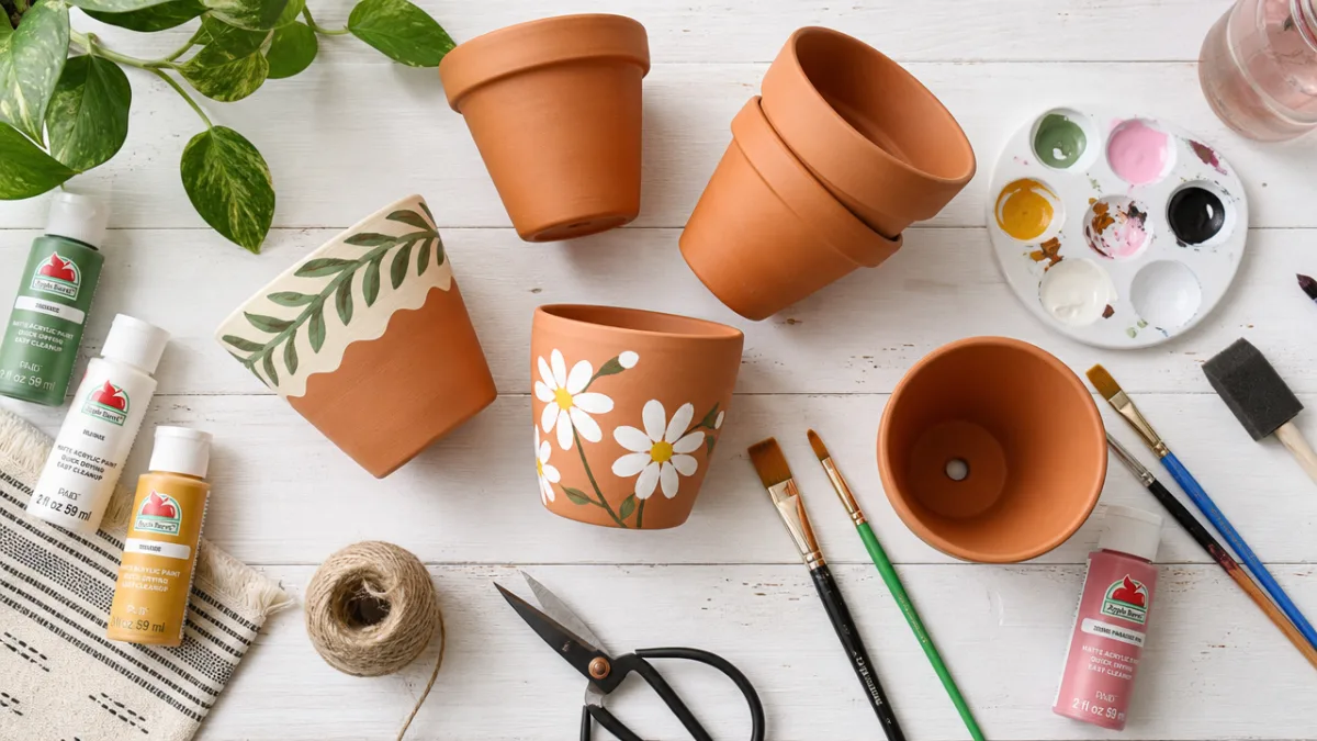 a flat lay of terracotta pots, paint brushes, acrylic paints and crafting…