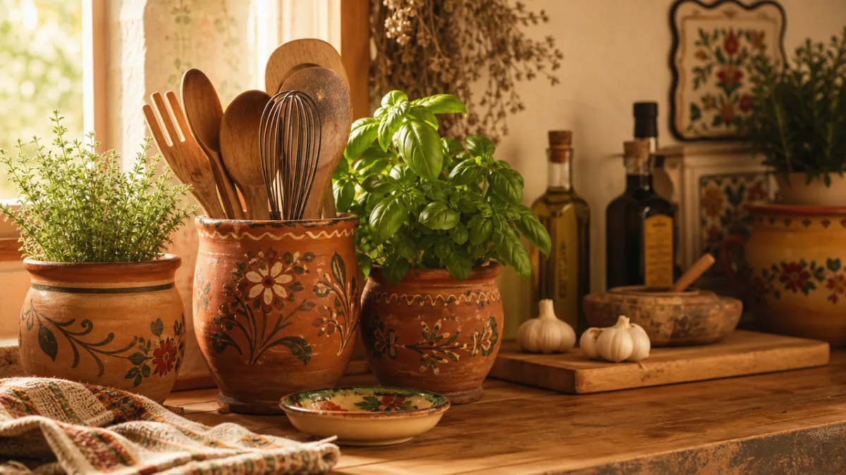 a cozy rustic kitchen counter with decorated terracotta pots holding utensils and…