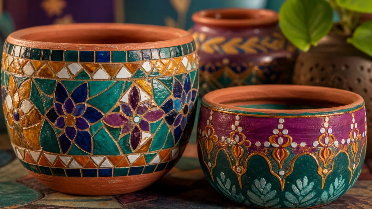 close-up of beautifully decorated terracotta pots with mosaic and hand-painted details, soft…
