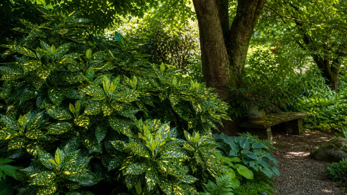 a lush shaded garden corner featuring bold variegated Aucuba japonica shrubs with…
