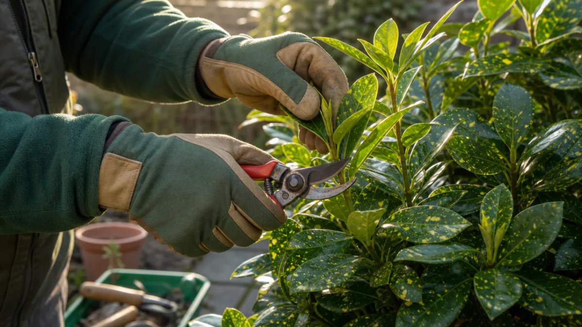close-up of gardener's hands carefully pruning a glossy Aucuba japonica shrub, warm…