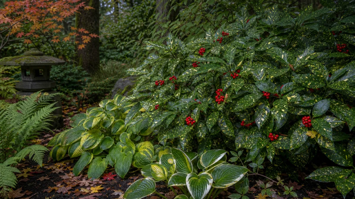 a tranquil shaded garden bed featuring mature Aucuba japonica with vivid red…