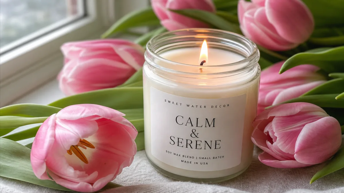 a close-up of a lit soy candle in a glass jar surrounded…