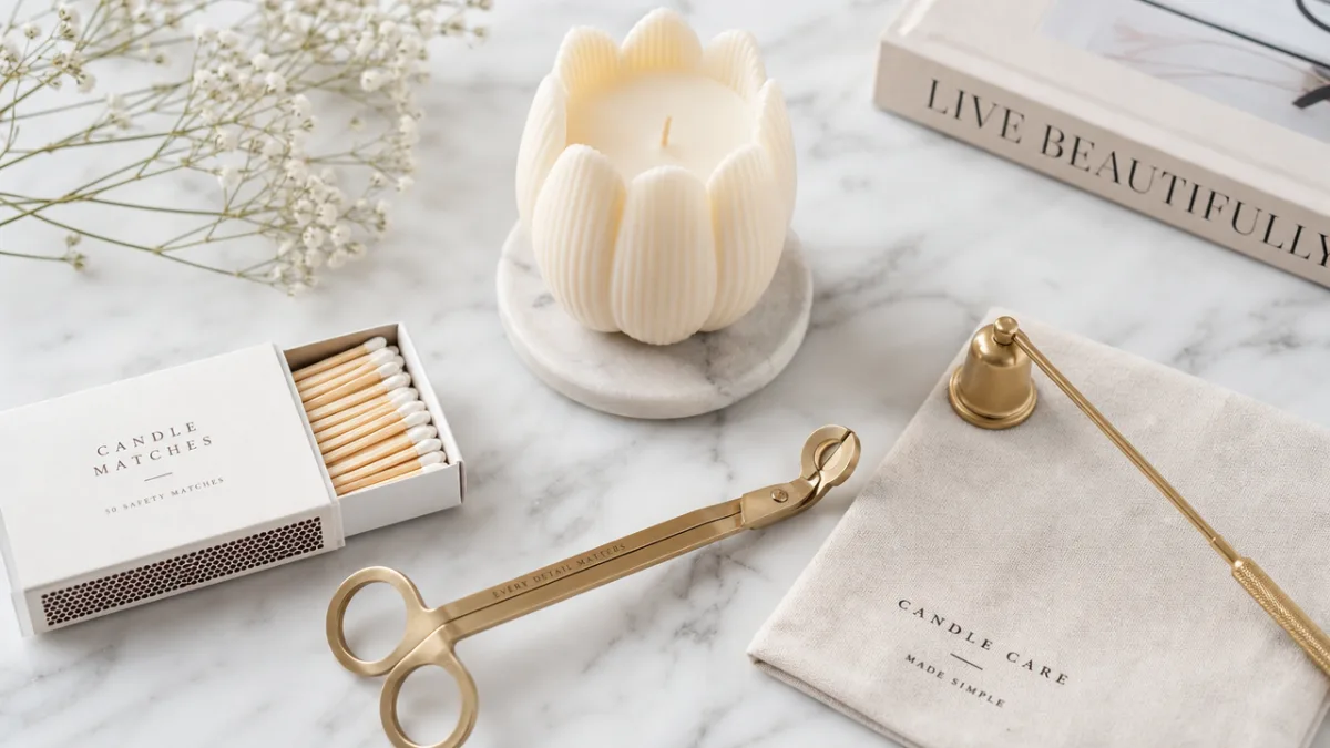 a styled flat lay of candle care tools including a wick trimmer,…