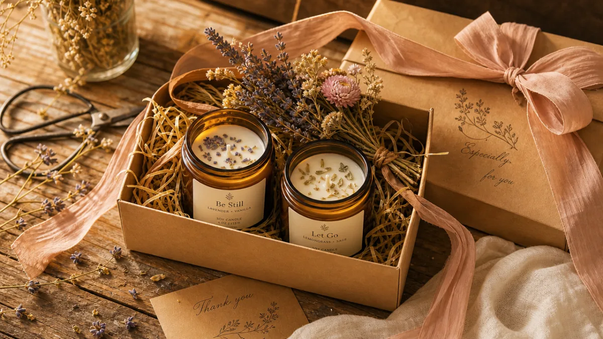 a beautifully wrapped soy candle gift set with dried flowers and ribbon…
