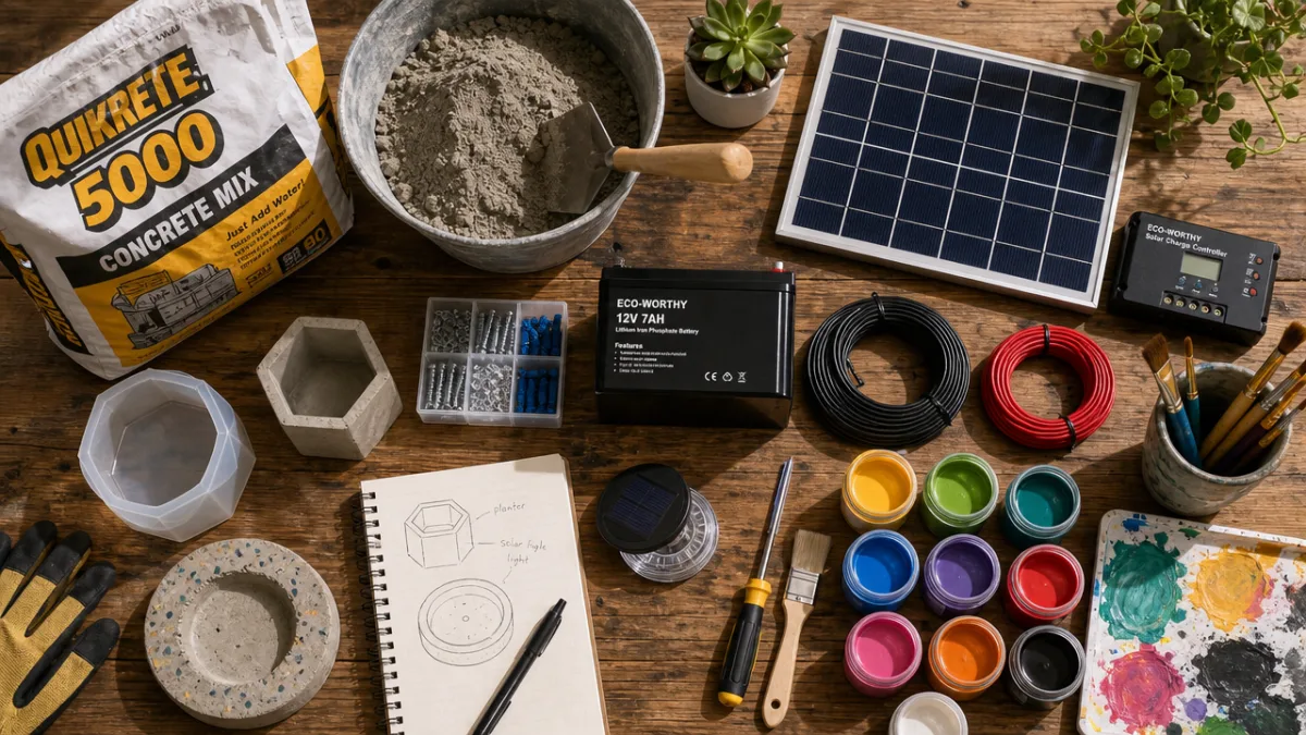 a flat lay of crafting materials including concrete mix, solar components, and…