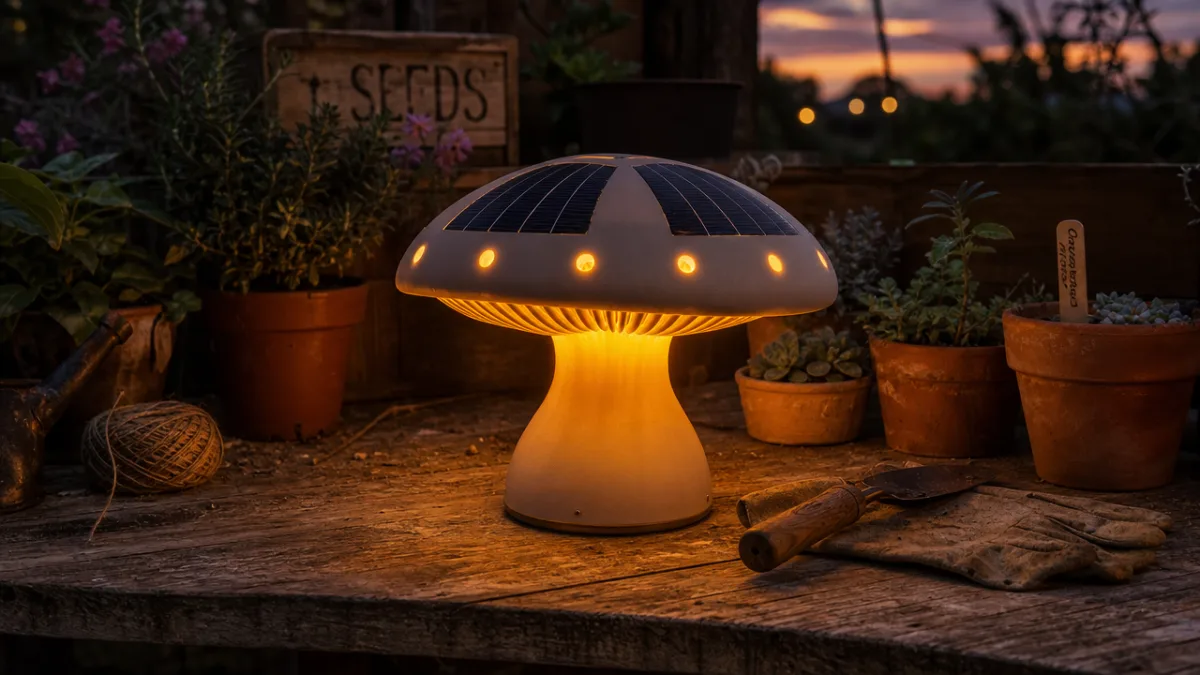 a glowing solar mushroom craft on a garden workbench at dusk, warm…