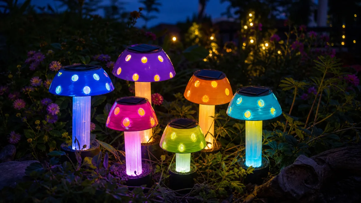 a cluster of colorful glowing DIY solar mushrooms in a lush nighttime…
