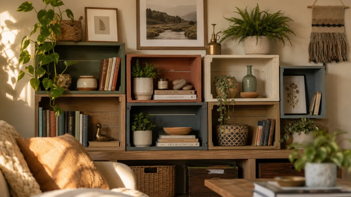 a cozy living room shelf styled with painted wooden boxes in muted…