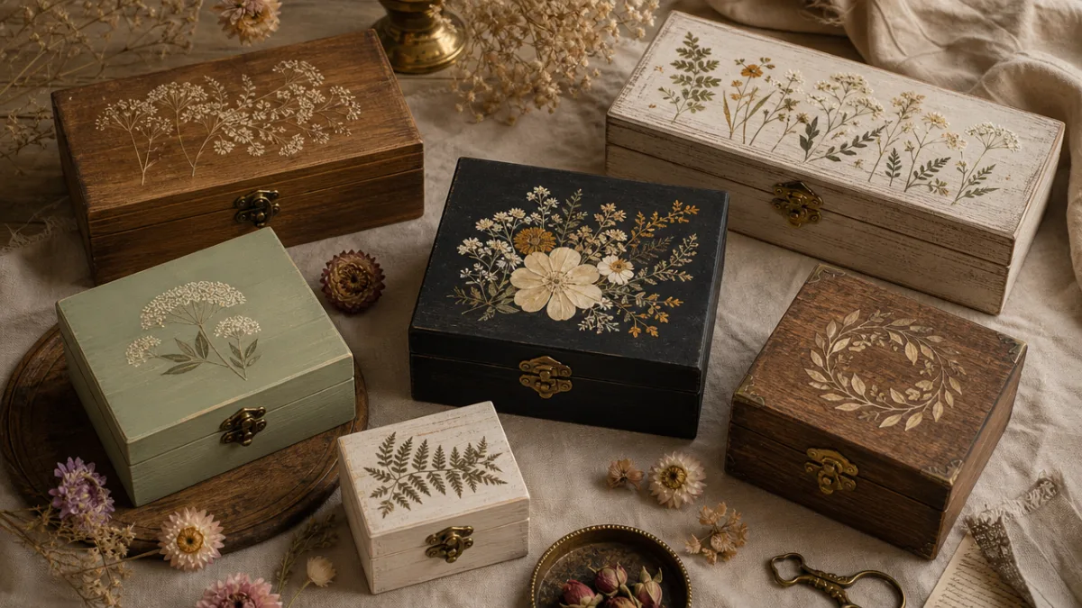 a styled flat lay of finished decorated wooden boxes in various sizes…