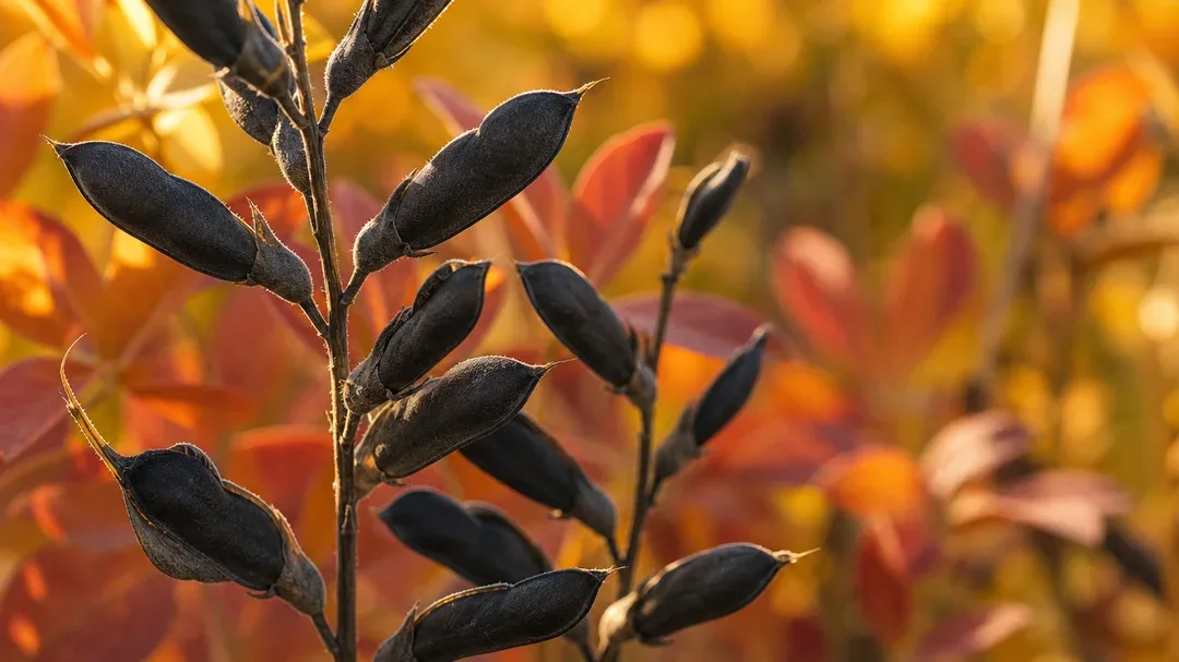 close-up of Baptisia australis seed pods turning charcoal black against autumn foliage,…