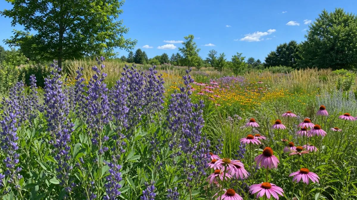 wide landscape view of a native prairie garden with Baptisia australis mixed…
