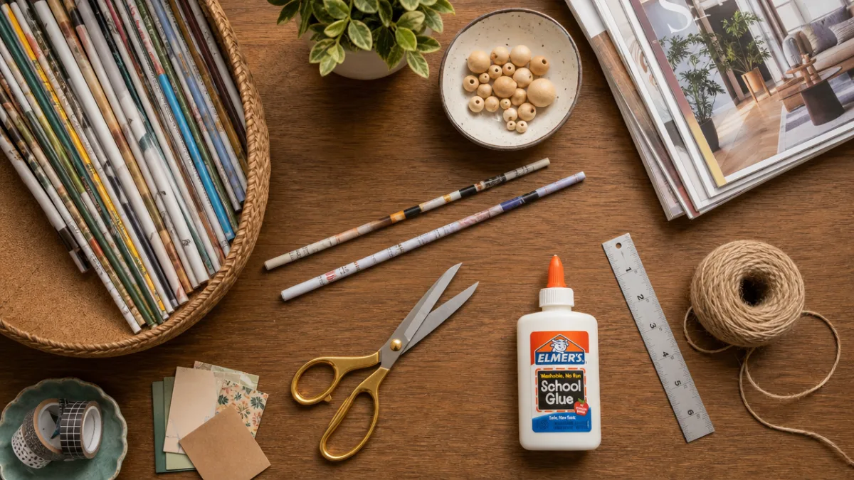 a flat lay of rolled magazine tubes, scissors, glue, and craft supplies…