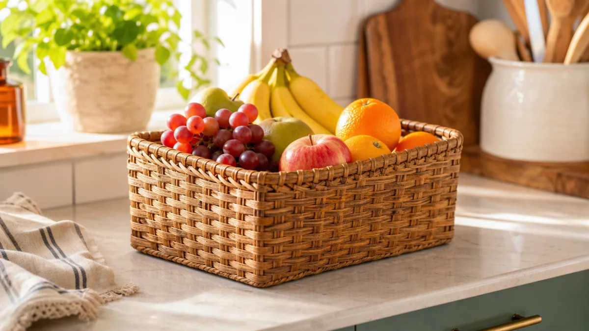 a finished woven magazine basket holding fresh fruit on a bright kitchen…