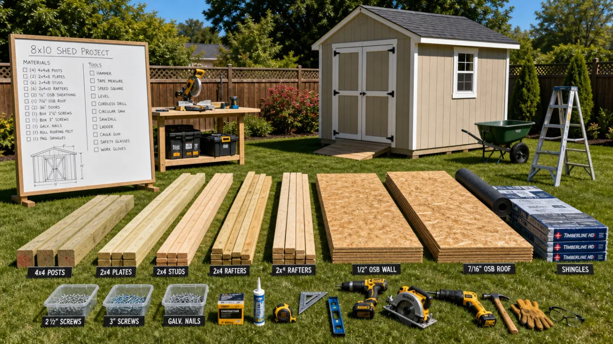 a well-organized outdoor workspace with shed building materials laid out on grass,…