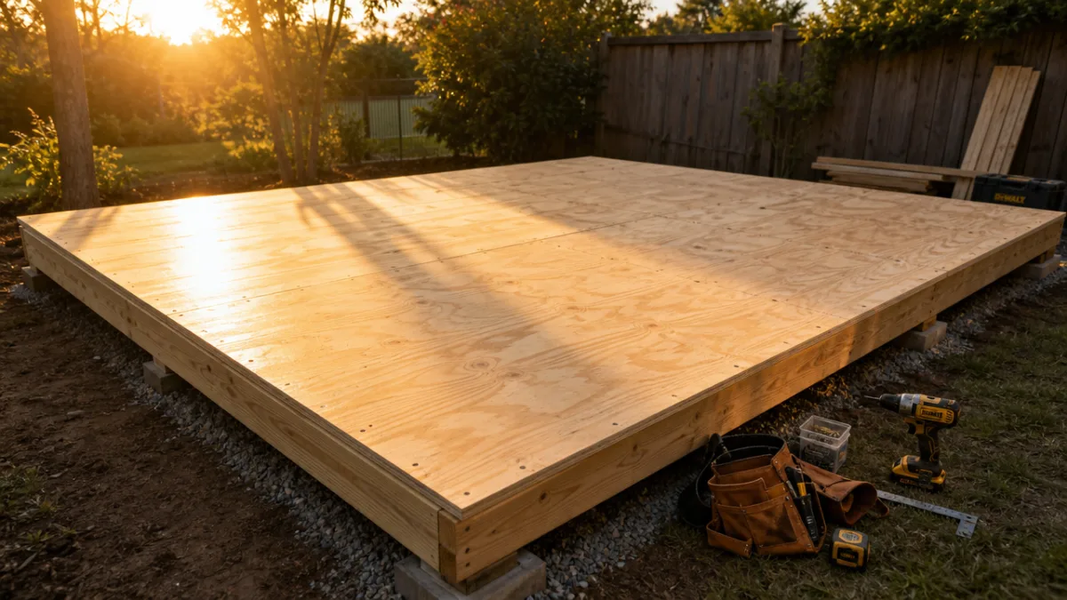 a completed shed floor deck with freshly installed plywood panels gleaming in…