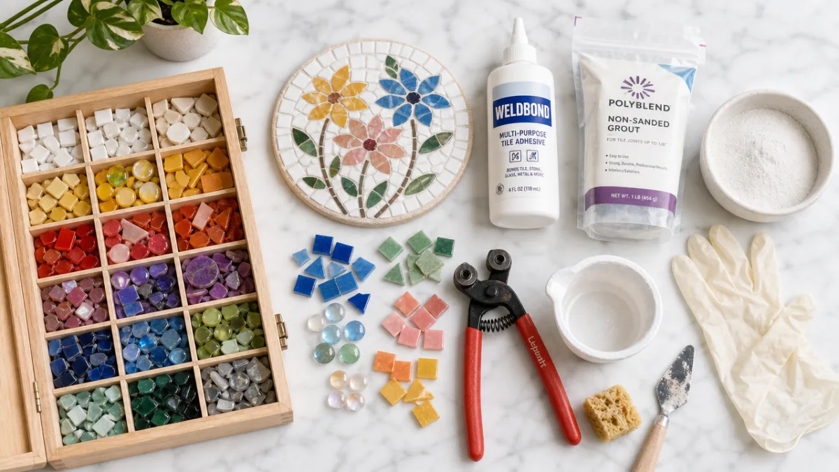 a flat-lay of mosaic craft supplies including colorful tiles, adhesive, grout, and…