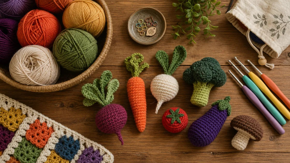 a flat lay of colorful yarn skeins, crochet hooks, and small stuffed…