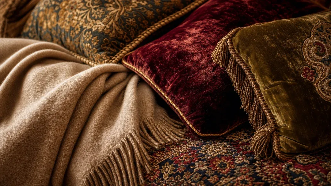 close-up of layered luxury textiles including velvet cushions, cashmere throw, and Persian…