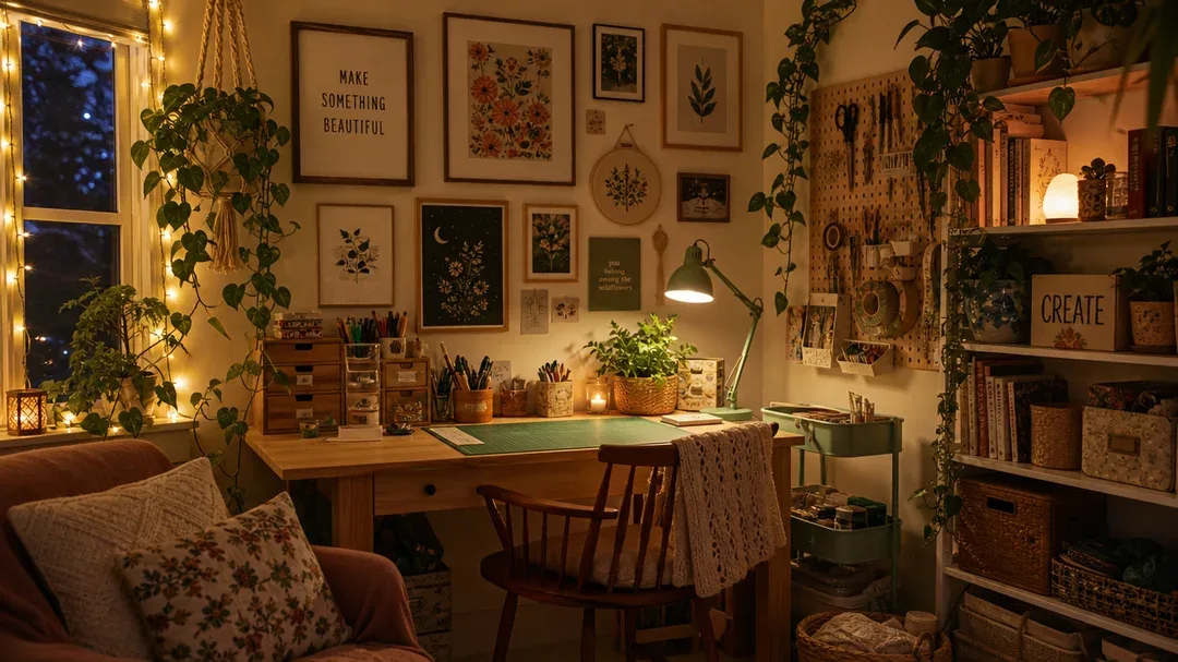 a cozy craft room corner with trailing plants, gallery wall prints, and…
