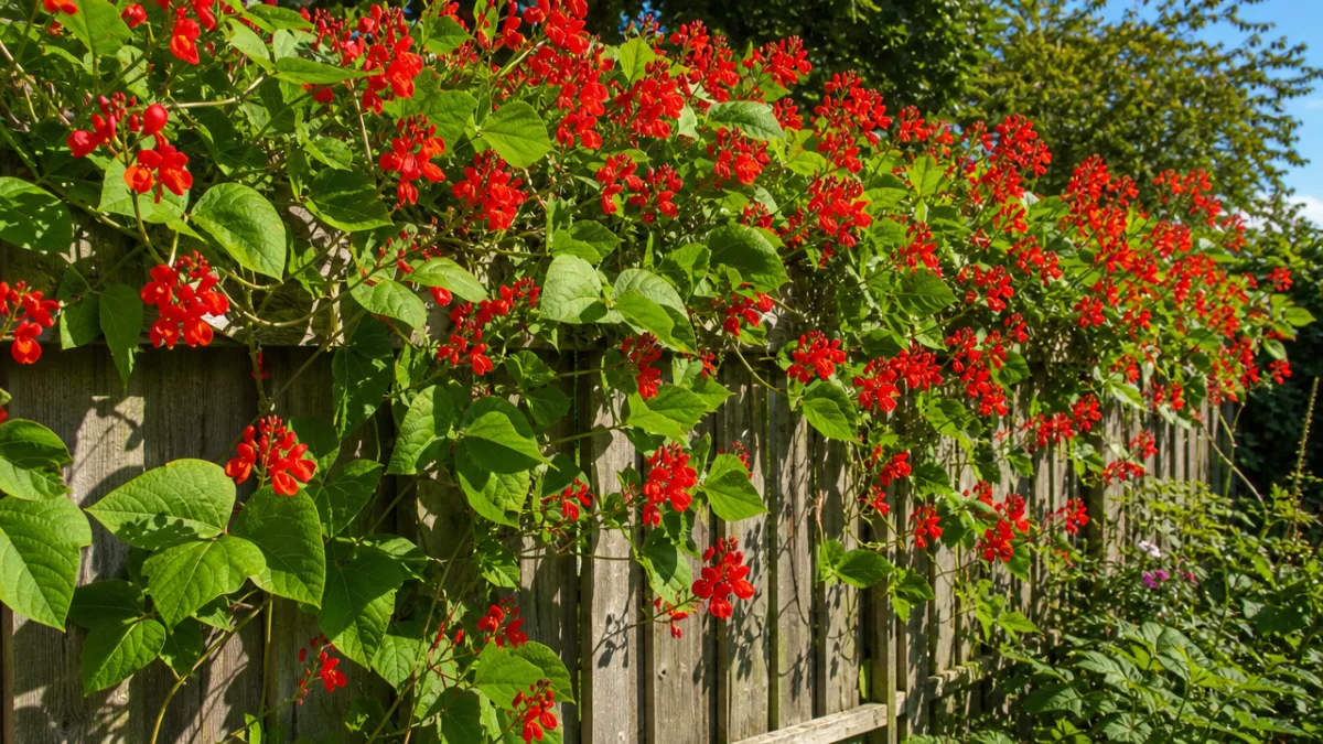 a wooden garden fence covered in vivid scarlet runner bean flowers and…