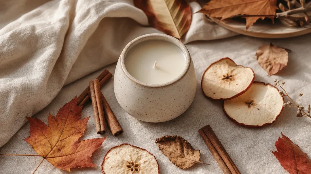 a styled flat lay of a ceramic candle with cinnamon sticks, dried…