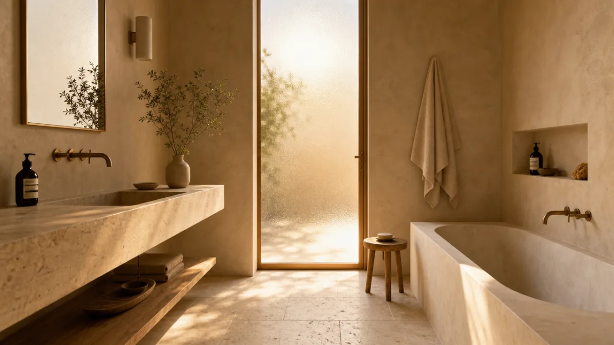 a warm minimalist bathroom with travertine tiles and sandy plaster walls, soft…